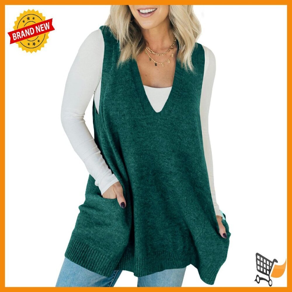 Sleeveless V-Neck Sweater Vest with Pockets, Loose A-Line Tunic Top